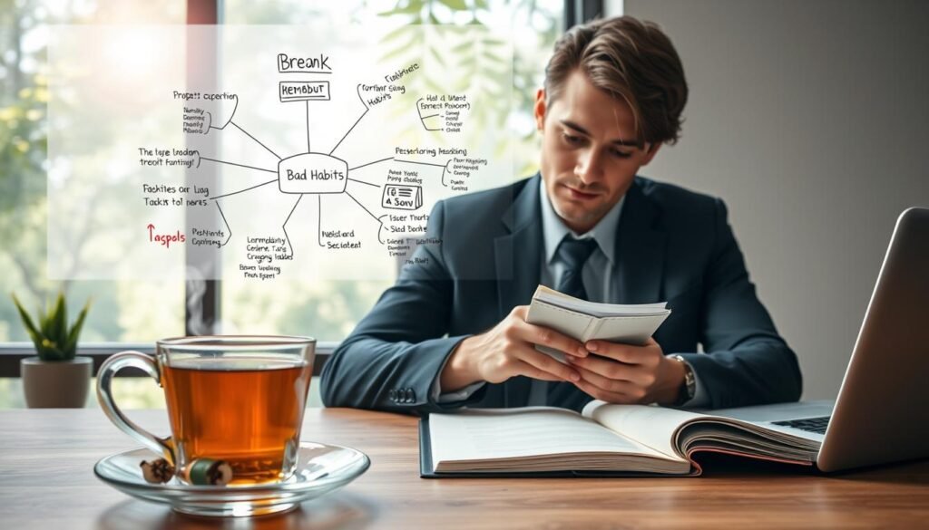A serene and focused workspace depicting a professional in business attire, sitting at a sleek wooden desk with their hands thoughtfully resting on a journal. In the foreground, a cup of herbal tea emits gentle steam, symbolizing clarity and calm. The middle layer features a whiteboard filled with mind maps and keywords related to breaking bad habits, with bright colors highlighting key concepts. The background shows a calming nature scene through a large window, where soft sunlight filters through leaves, creating an atmosphere of tranquility and reflection. The overall mood is one of determination and introspection, inviting viewers to connect with the idea of consciously severing ties with negative habits. A serene and focused workspace depicting a professional in business attire, sitting at a sleek wooden desk with their hands thoughtfully resting on a journal. In the foreground, a cup of herbal tea emits gentle steam, symbolizing clarity and calm. The middle layer features a whiteboard filled with mind maps and keywords related to breaking bad habits, with bright colors highlighting key concepts. The background shows a calming nature scene through a large window, where soft sunlight filters through leaves, creating an atmosphere of tranquility and reflection. The overall mood is one of determination and introspection, inviting viewers to connect with the idea of consciously severing ties with negative habits.