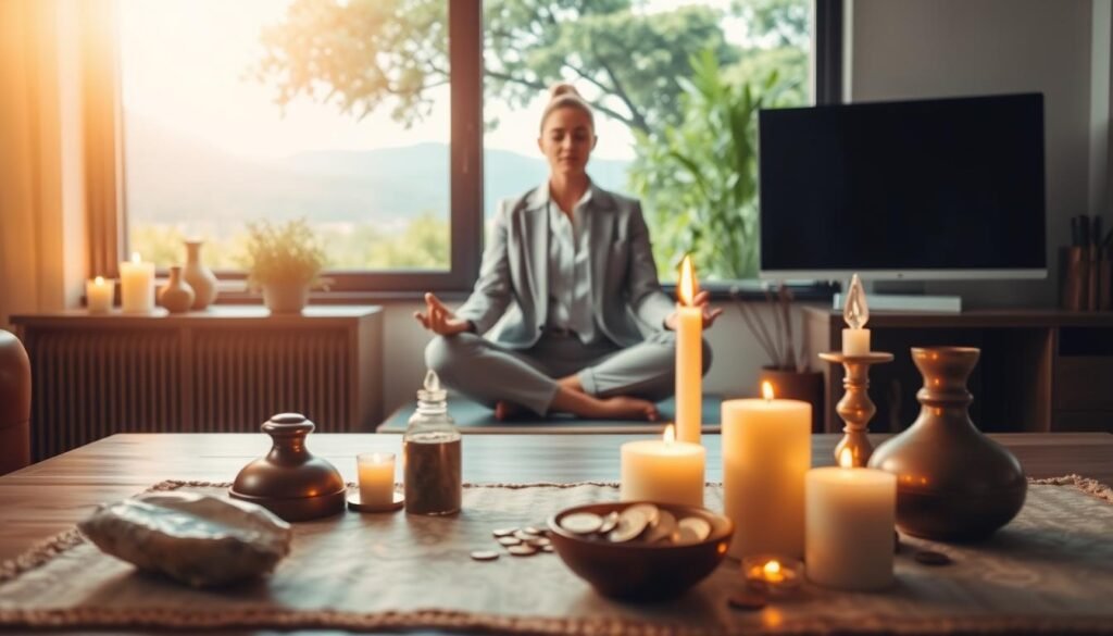 A serene and focused workspace set for a wealth attraction ritual. In the foreground, a beautifully arranged altar featuring candles, crystals, and a small bowl of coins, symbolizing prosperity. Soft, warm lighting creates an inviting atmosphere, with gentle rays filtering through a nearby window, casting delicate shadows. In the middle ground, a person dressed in professional business attire, sitting cross-legged in deep meditation, hands resting on their knees, exuding calm and intention. The background features a peaceful, natural scene with lush greenery, enhancing the sense of connection to abundance. The overall mood is one of tranquility, focus, and positive energy, inviting the viewer to engage with the ritual's preparatory phase.