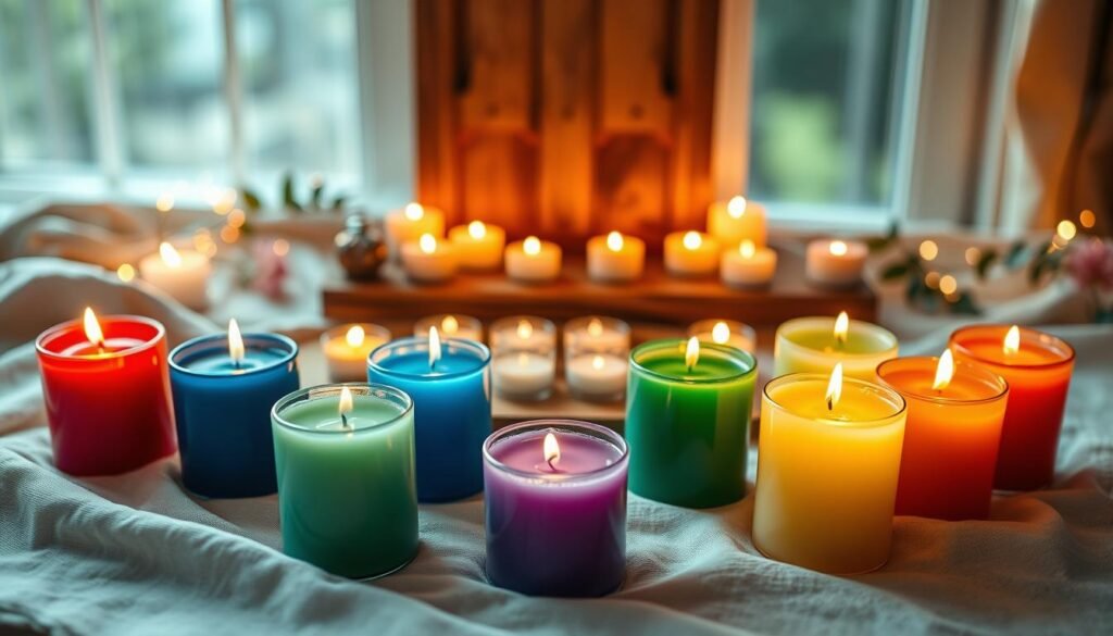 A serene and harmonious arrangement of intention candles in various colors representing different meanings. In the foreground, showcase several brightly colored candles—red for passion, blue for tranquility, green for abundance—each placed on a soft, textured fabric. In the middle, incorporate an elegant wooden altar surrounded by gentle, flickering candlelight, casting warm shadows. The background features soft, blurred ethereal lights and hints of nature, like leaves or flowers, to create a peaceful ambiance. Utilize soft, natural lighting to enhance the inviting mood. The camera angle should be slightly above, allowing for a view that captures the depth and beauty of the candles, making the image feel warm yet energizing, inviting viewers to explore the significance of each color in rituals. A serene and harmonious arrangement of intention candles in various colors representing different meanings. In the foreground, showcase several brightly colored candles—red for passion, blue for tranquility, green for abundance—each placed on a soft, textured fabric. In the middle, incorporate an elegant wooden altar surrounded by gentle, flickering candlelight, casting warm shadows. The background features soft, blurred ethereal lights and hints of nature, like leaves or flowers, to create a peaceful ambiance. Utilize soft, natural lighting to enhance the inviting mood. The camera angle should be slightly above, allowing for a view that captures the depth and beauty of the candles, making the image feel warm yet energizing, inviting viewers to explore the significance of each color in rituals.