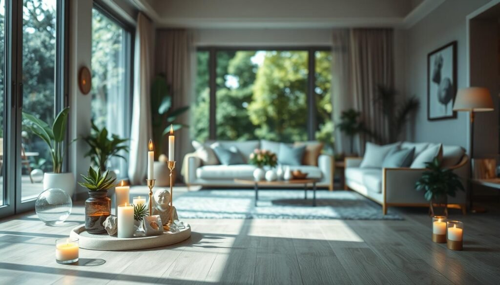 A serene and harmonious interior scene depicting the essence of "energia" in a home setting. In the foreground, a small altar adorned with candles, crystals, and plants symbolizes protection and cleansing. The middle ground showcases an inviting, well-lit living space, with soft, natural light streaming through large windows, illuminating tranquil furniture pieces and decorative elements. In the background, subtle representations of nature, like a peaceful garden visible through the glass, enhance the atmosphere of calmness and balance. The overall color palette is warm and soothing, with shades of green, gold, and white. The mood is peaceful, promoting a sense of tranquility and harmony in life and home, captured from a slightly elevated angle to encompass the entirety of the scene.