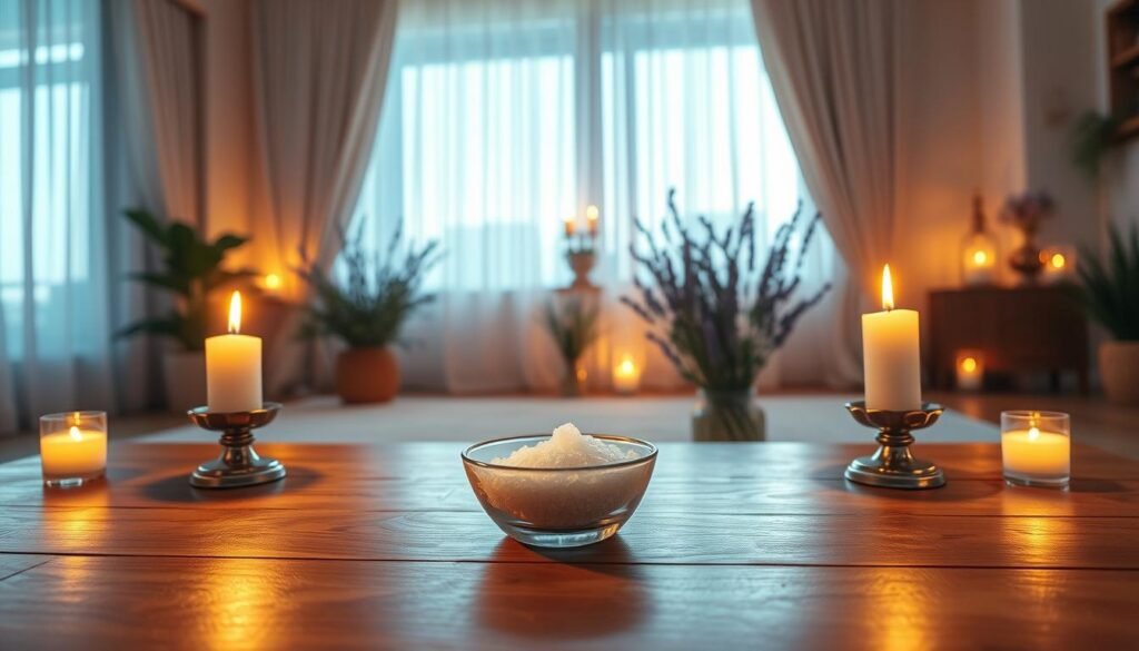 A serene and harmonious room filled with soft, warm candlelight, creating a soothing atmosphere. In the foreground, a polished wooden table adorned with a small bowl of coarse sea salt, surrounded by three flickering candles in elegant holders, their flames dancing gently. The middle ground features a large window draped with sheer curtains, allowing soft natural light to filter in, illuminating the space with a comforting glow. In the background, calming plants like lavender and sage add a touch of nature, enhancing the peaceful ambiance. The overall mood evokes tranquility and protection, conveying a sense of well-being and energy rejuvenation. The angle captures the scene from slightly above, inviting the viewer into this sacred space.