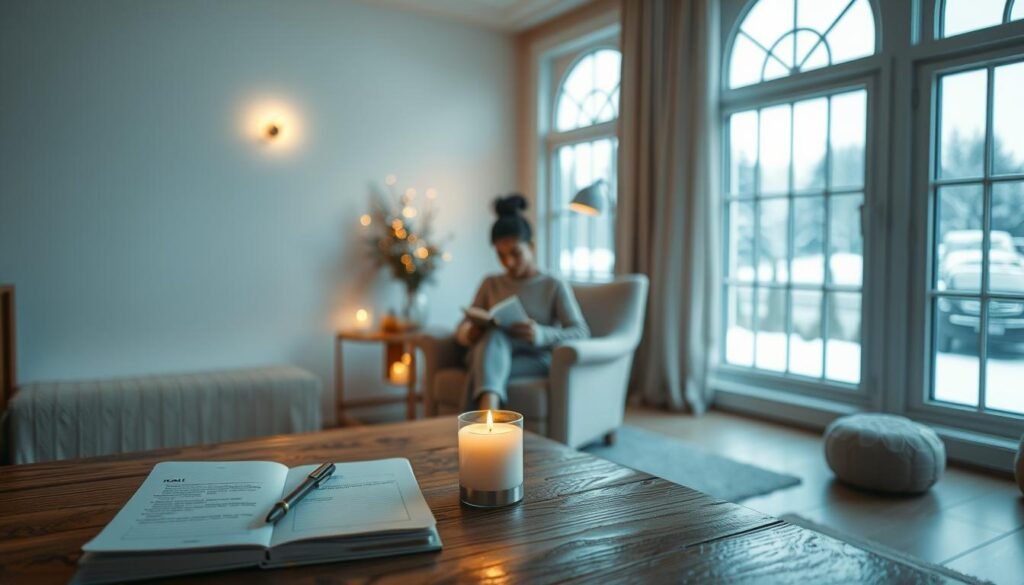 A serene and inspiring scene of a spacious room filled with soft, warm lighting, evoking a sense of tranquility and reflection for the new year. In the foreground, a wooden table is adorned with a journal, a pen, and a lit candle, symbolizing intention-setting. In the middle ground, a person of diverse descent sitting in a cozy chair, dressed in modest casual attire, is writing down goals. The background features a large window with a view of a snowy landscape, hinting at the transition to a fresh year. The overall atmosphere is calm and hopeful, with a gentle color palette of soft blues and warm golds that reflects positivity and new beginnings.