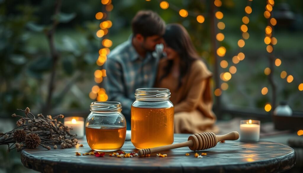 A serene and intimate setting depicting a 'ritual miodu', or honey ritual, focused on enhancing love and connection. In the foreground, a small wooden table is adorned with a beautiful glass jar of honey, delicately opened with a wooden dipper resting nearby. Scattered around are dried flowers and candles, casting a warm, inviting glow. In the middle ground, two figures in modest, casual attire lean towards each other, their expressions peaceful and content, entwined in a moment of connection. The background features softly blurred greenery and warm fairy lights, enhancing the atmosphere of love and celebration. The lighting is soft and warm, suggesting dusk, creating a romantic and tranquil mood that highlights the beauty and simplicity of love rituals.