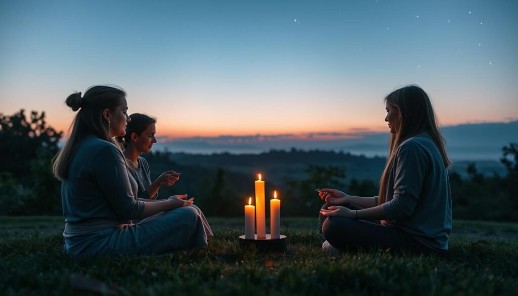 A serene and introspective scene depicting a "cutting ritual" to symbolize closure from the past, set in a tranquil outdoor environment at twilight. In the foreground, a group of four individuals, dressed in modest casual attire, sit in a circle, each holding small symbolic items representing their past. The middle ground features soft, flickering candlelight that provides warm illumination, casting gentle shadows and creating a meditative atmosphere. In the background, lush greenery and soft silhouettes of distant trees enhance the sense of tranquility. The sky transitions from deep blue to hints of purple, with scattered stars beginning to appear, evoking a feeling of hope and new beginnings. The composition captures a moment of reflection and harmony, inviting viewers to contemplate the theme of moving forward in life. A serene and introspective scene depicting a "cutting ritual" to symbolize closure from the past, set in a tranquil outdoor environment at twilight. In the foreground, a group of four individuals, dressed in modest casual attire, sit in a circle, each holding small symbolic items representing their past. The middle ground features soft, flickering candlelight that provides warm illumination, casting gentle shadows and creating a meditative atmosphere. In the background, lush greenery and soft silhouettes of distant trees enhance the sense of tranquility. The sky transitions from deep blue to hints of purple, with scattered stars beginning to appear, evoking a feeling of hope and new beginnings. The composition captures a moment of reflection and harmony, inviting viewers to contemplate the theme of moving forward in life.