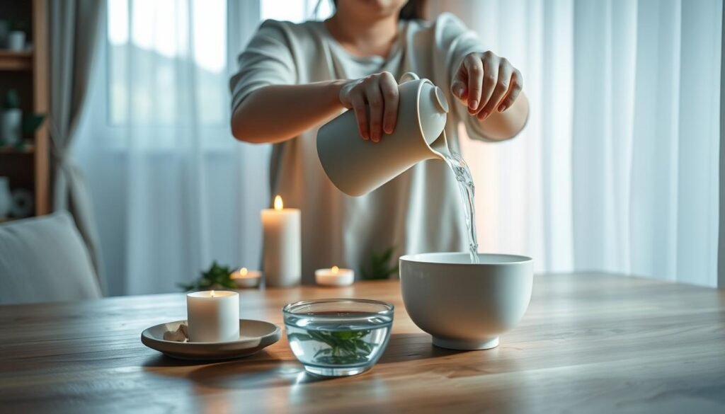 A serene and inviting home interior scene, depicting a step-by-step ritual of emotional cleansing with water. In the foreground, a person dressed in comfortable, modest casual clothing stands by a wooden table, gently pouring water from a ceramic jug into a small bowl, symbolizing purification. The middle layer shows a variety of calming elements: aromatic candles, fresh herbs, and a softly glowing lamp casting warm light. The background features a window with sheer curtains, allowing natural light to filter in, enhancing the tranquil atmosphere. Soft shadows create depth, and the color palette consists of soothing blues and greens, evoking peace and relaxation. The overall mood is one of serenity and introspection, inviting the viewer to engage in this cleansing ritual. A serene and inviting home interior scene, depicting a step-by-step ritual of emotional cleansing with water. In the foreground, a person dressed in comfortable, modest casual clothing stands by a wooden table, gently pouring water from a ceramic jug into a small bowl, symbolizing purification. The middle layer shows a variety of calming elements: aromatic candles, fresh herbs, and a softly glowing lamp casting warm light. The background features a window with sheer curtains, allowing natural light to filter in, enhancing the tranquil atmosphere. Soft shadows create depth, and the color palette consists of soothing blues and greens, evoking peace and relaxation. The overall mood is one of serenity and introspection, inviting the viewer to engage in this cleansing ritual.