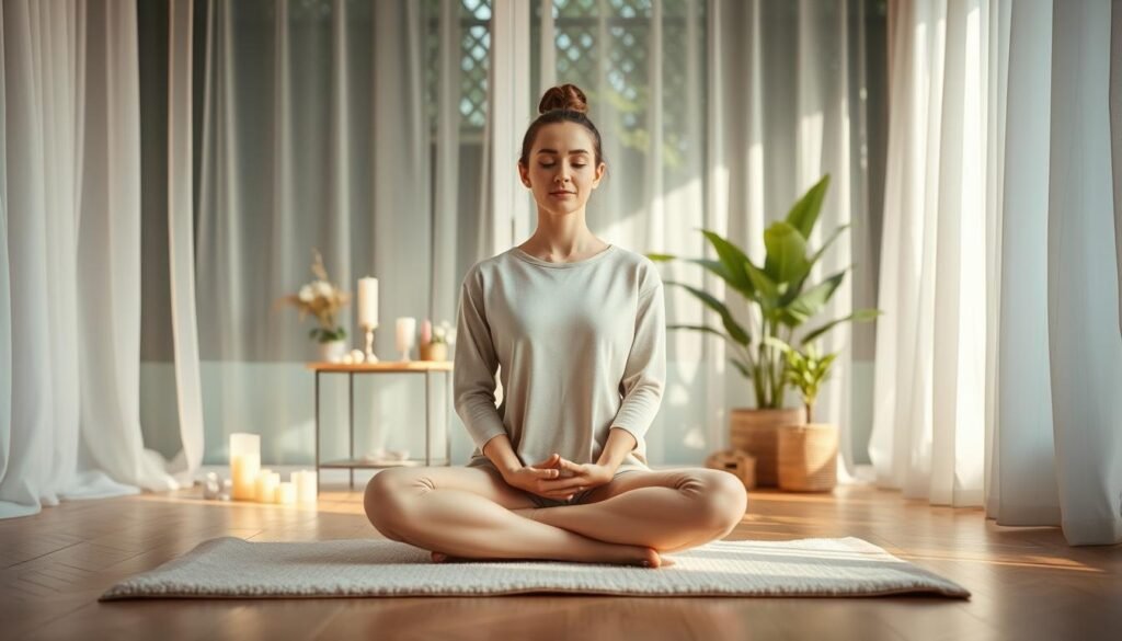 A serene and inviting meditation space, illuminated by soft morning light filtering through sheer curtains. In the foreground, a person dressed in modest casual clothing sits cross-legged on a plush yoga mat, practicing mindfulness. Their expression radiates tranquility as they focus on their breath. The middle layer features calming elements like a small altar with candles, crystals, and fresh flowers, signifying a ritualistic atmosphere. In the background, gentle greenery and potted plants enhance the sense of nature and serenity. The image has a warm color palette, evoking feelings of peace and positivity, encapsulating the essence of mindfulness rituals to set a joyful tone for the week ahead. The depth of field highlights the person, creating an intimate and inspiring composition.