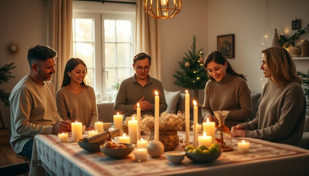 A serene and inviting scene capturing the essence of "end-of-year energy". In the foreground, a family gathers around a beautifully decorated table set for a ritual, filled with candles, sage bundles, and bowls of fresh fruits. They are dressed in modest, casual clothing and exude warmth and gratitude. In the middle ground, soft golden light glows through a large window, casting a gentle illumination on the participants, enhancing the atmosphere of reflection and intention. In the background, a cozy living room is adorned with subtle holiday decorations, including evergreen branches and twinkling lights, contributing to the festive yet peaceful ambiance. The mood is tranquil and hopeful, inviting a sense of renewal as the year comes to a close. The composition should be framed using a warm color palette, emphasizing a feeling of togetherness and energy transition.