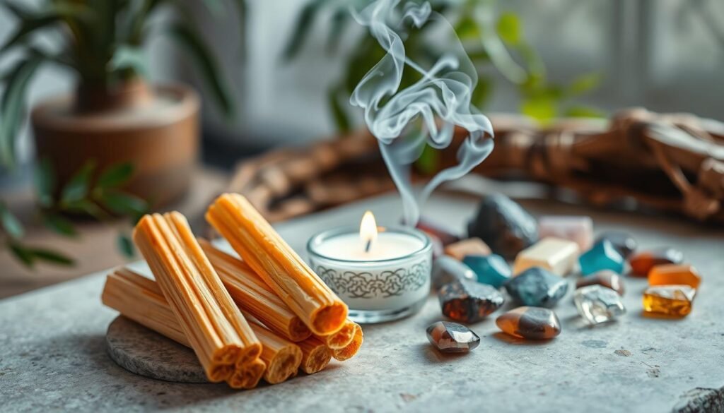 A serene and inviting scene featuring a beautifully arranged setup for a cleansing ritual. In the foreground, a collection of polished palo santo sticks, displaying their rich, golden-brown wood grain, rests on a smooth, natural stone surface. Next to them, a delicate white candle flickers gently, casting warm light. In the middle, a small, intricately designed incense holder contains gently swirling smoke from an incense cone, creating a mystical aura. Surrounding the setup are various colorful gemstones, representing protection and purification, arranged artfully. The background is softly blurred to evoke a peaceful ambiance, with hints of greenery and natural elements. The lighting is soft and calming, enhancing the tranquil atmosphere of the ritual space, evoking a sense of spirituality and renewal.