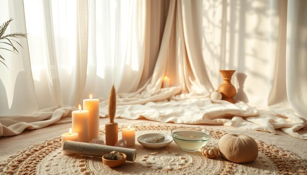 A serene and inviting space dedicated to rituals that attract positive energy. In the foreground, a beautifully arranged altar featuring candles, crystals, and symbolic objects like a sage bundle and a small bowl of water, all radiating a warm glow. The middle ground includes soft, flowing fabrics draped gracefully, creating a nurturing environment. In the background, a gentle light filters through sheer curtains, casting ethereal patterns on the walls, enhancing the sense of calmness. The overall mood is tranquil and inviting, reflecting a sense of intention and focus. Use soft, natural lighting to highlight textures, and capture this scene as if viewed through a wide-angle lens to emphasize the spaciousness and harmony of the ritual setting. A serene and inviting space dedicated to rituals that attract positive energy. In the foreground, a beautifully arranged altar featuring candles, crystals, and symbolic objects like a sage bundle and a small bowl of water, all radiating a warm glow. The middle ground includes soft, flowing fabrics draped gracefully, creating a nurturing environment. In the background, a gentle light filters through sheer curtains, casting ethereal patterns on the walls, enhancing the sense of calmness. The overall mood is tranquil and inviting, reflecting a sense of intention and focus. Use soft, natural lighting to highlight textures, and capture this scene as if viewed through a wide-angle lens to emphasize the spaciousness and harmony of the ritual setting.