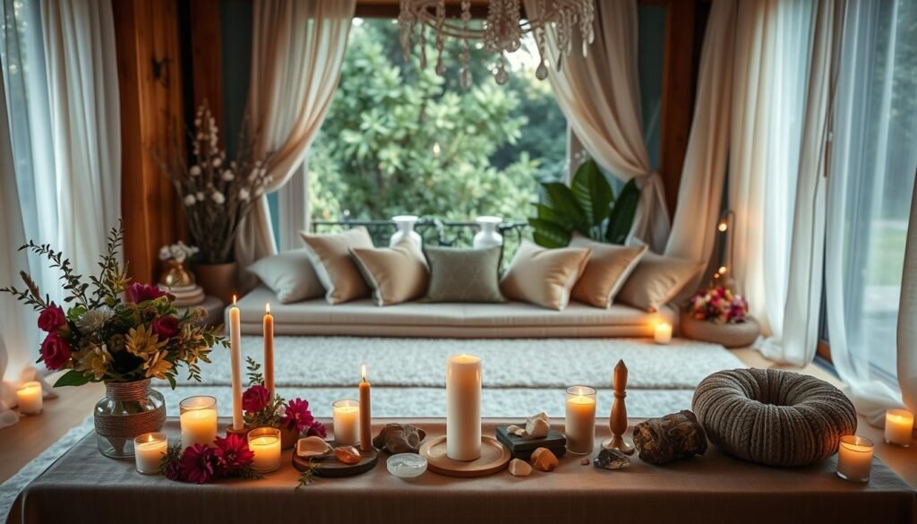 A serene and inviting space designed for a love ritual. In the foreground, a neatly arranged altar is adorned with fresh flowers, candles, and crystals, casting a soft, warm light. The middle ground features a comfortable seating area with plush cushions in earthy tones, inviting a sense of intimacy and calm. In the background, gentle greenery and soft curtains into a natural setting enhance the atmosphere of tranquility. The lighting is soft and ambient, creating an intimate and magical feel throughout the space. The mood is peaceful and reflective, perfect for self-connection and preparation for the ritual. The image should capture this harmonious setting with a focus on warmth and spiritual significance.