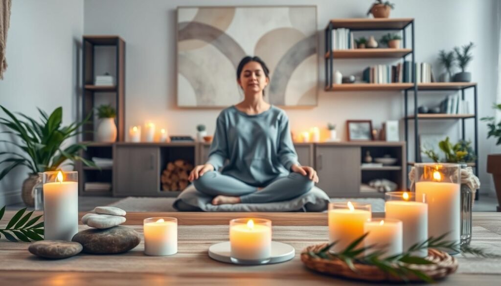 A serene and inviting space designed for the ritual of "closing." In the foreground, a beautifully arranged table with natural elements: smooth stones, lit candles, and green plants, all arranged harmoniously. In the middle, a person sitting comfortably on a meditation cushion, dressed in modest casual clothing, eyes closed in peaceful contemplation. Soft, warm light illuminates the scene, enhancing the calm atmosphere. In the background, a wall adorned with soft, abstract art and shelves filled with books and herbs, suggesting a space for mindfulness and healing. The perspective captures the setting from a slightly elevated angle, conveying a sense of tranquility and focus on the ritualistic aspect of breaking bad habits. A serene and inviting space designed for the ritual of "closing." In the foreground, a beautifully arranged table with natural elements: smooth stones, lit candles, and green plants, all arranged harmoniously. In the middle, a person sitting comfortably on a meditation cushion, dressed in modest casual clothing, eyes closed in peaceful contemplation. Soft, warm light illuminates the scene, enhancing the calm atmosphere. In the background, a wall adorned with soft, abstract art and shelves filled with books and herbs, suggesting a space for mindfulness and healing. The perspective captures the setting from a slightly elevated angle, conveying a sense of tranquility and focus on the ritualistic aspect of breaking bad habits.