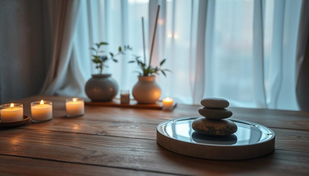 A serene and inviting space for a cleansing ritual featuring elements of water, soft lighting, and natural materials. In the foreground, a wooden table adorned with a small bowl of clear water, stones, and candles, casting gentle reflections. The middle ground holds a potted plant and a lit incense stick, releasing wisps of fragrant smoke. In the background, a softly glowing window draped with sheer fabric lets in warm, diffused light. The atmosphere feels calm and rejuvenating, inviting introspection and emotional cleansing. The scene captures the essence of preparing for a ritual, emphasizing tranquility and mindfulness, with an overall harmonious color palette of blues and earth tones. A serene and inviting space for a cleansing ritual featuring elements of water, soft lighting, and natural materials. In the foreground, a wooden table adorned with a small bowl of clear water, stones, and candles, casting gentle reflections. The middle ground holds a potted plant and a lit incense stick, releasing wisps of fragrant smoke. In the background, a softly glowing window draped with sheer fabric lets in warm, diffused light. The atmosphere feels calm and rejuvenating, inviting introspection and emotional cleansing. The scene captures the essence of preparing for a ritual, emphasizing tranquility and mindfulness, with an overall harmonious color palette of blues and earth tones.