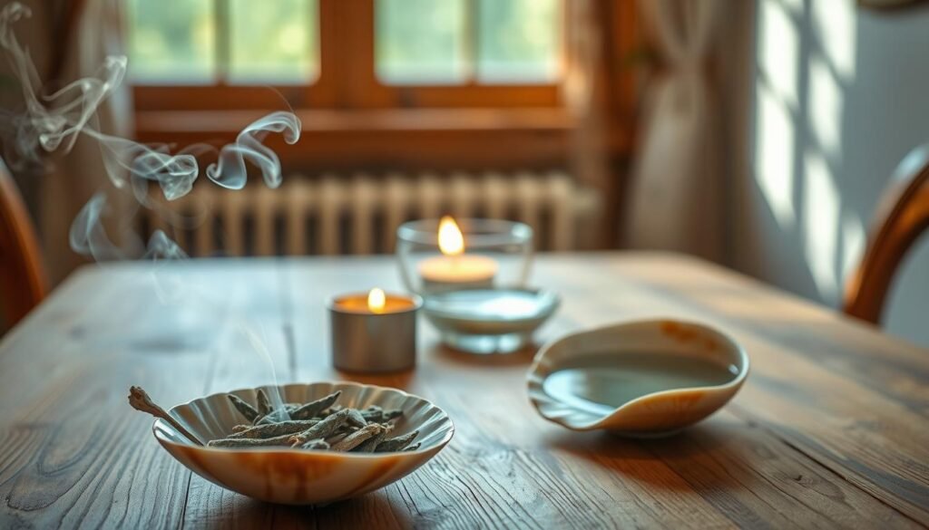 A serene and inviting workspace focused on the art of sage smudging, illustrating common mistakes and how to avoid them. In the foreground, a neatly arranged wooden table displays a traditional abalone shell filled with burning sage, with wisps of smoke curling upward. In the middle ground, a candle flickers softly next to a small bowl of fresh water, symbolizing purification. The background features a softly blurred window with natural light streaming in, casting gentle shadows. The atmosphere is calming and spiritual, evoking a sense of mindfulness. Use soft, warm lighting to enhance the tranquil mood, capturing the essence of a thoughtful smudging ritual with attention to detail and clarity.