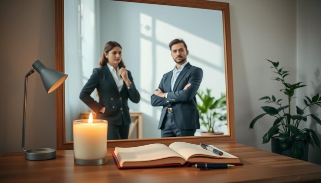 A serene and inviting workspace, showcasing a large mirror reflecting a poised individual in professional attire, practicing self-affirmation. In the foreground, a softly lit table displays a candle, a journal, and a pen, creating a warm atmosphere. The middle ground includes the individual with a confident expression, standing or sitting in a thoughtful pose, contemplating their intentions. The background features a calming plant, brightening the space with greenery, and a wall with soothing colors to enhance the mood of confidence and introspection. The soft, natural lighting creates gentle shadows, emphasizing the person's features and adding depth. This nurturing environment should evoke feelings of empowerment and self-assurance, focusing on personal growth and adaptable rituals. A serene and inviting workspace, showcasing a large mirror reflecting a poised individual in professional attire, practicing self-affirmation. In the foreground, a softly lit table displays a candle, a journal, and a pen, creating a warm atmosphere. The middle ground includes the individual with a confident expression, standing or sitting in a thoughtful pose, contemplating their intentions. The background features a calming plant, brightening the space with greenery, and a wall with soothing colors to enhance the mood of confidence and introspection. The soft, natural lighting creates gentle shadows, emphasizing the person's features and adding depth. This nurturing environment should evoke feelings of empowerment and self-assurance, focusing on personal growth and adaptable rituals.