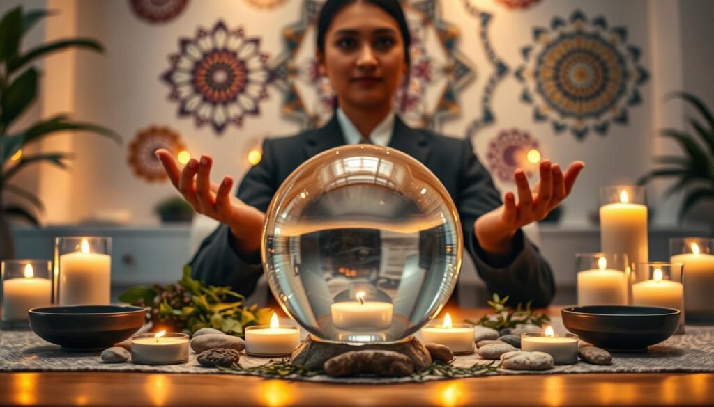 A serene and mystical indoor setting featuring a sophisticated, elegantly arranged altar dedicated to the concept of "intention." In the foreground, a crystal-clear glass orb glimmers, reflecting varying shades of light, symbolizing focus and energy. The middle layer includes softly lit candles with gentle flames casting flickering shadows, arranged around fresh herbs and small stones, representing harmony with nature. In the background, a wall adorned with intricate mandalas and calming colors conveys an atmosphere of spirituality and reflection. Use a warm, diffused lighting effect to evoke a sense of tranquility and introspection. A thoughtful, professional individual dressed in modest, business attire is seen in the scene, their hands delicately positioned as if in meditation, reinforcing the theme of energy work and understanding karma's principles. The angle should be slightly above eye level, offering a comprehensive view of this sacred ritual space. A serene and mystical indoor setting featuring a sophisticated, elegantly arranged altar dedicated to the concept of "intention." In the foreground, a crystal-clear glass orb glimmers, reflecting varying shades of light, symbolizing focus and energy. The middle layer includes softly lit candles with gentle flames casting flickering shadows, arranged around fresh herbs and small stones, representing harmony with nature. In the background, a wall adorned with intricate mandalas and calming colors conveys an atmosphere of spirituality and reflection. Use a warm, diffused lighting effect to evoke a sense of tranquility and introspection. A thoughtful, professional individual dressed in modest, business attire is seen in the scene, their hands delicately positioned as if in meditation, reinforcing the theme of energy work and understanding karma's principles. The angle should be slightly above eye level, offering a comprehensive view of this sacred ritual space.
