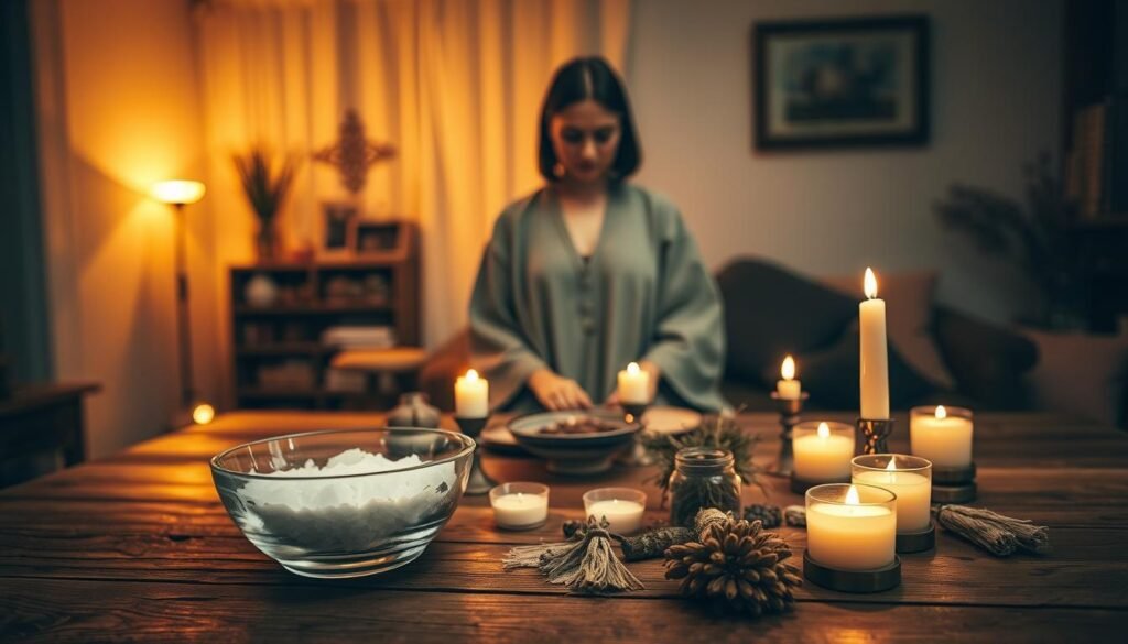 A serene and mystical indoor setting, showcasing a preparation space for a home protection ritual. In the foreground, a wooden table is adorned with various traditional items: a crystal bowl filled with sea salt, candles flickering softly, and dried herbs arranged artfully. The middle ground features a person dressed in modest, flowing clothing, who is thoughtfully arranging these ritual items, their expression focused and serene. The background displays a cozy home interior with warm lighting and subtle shadows, creating an inviting yet mystical atmosphere. The scene is lit by warm, ambient light, casting soft glows on the table and highlighting the textures of the objects. The overall mood conveys a sense of safety, spirituality, and preparation, inviting viewers into the ritual's sacred space.