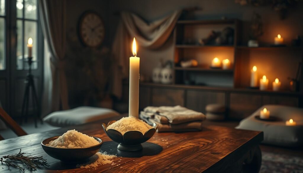 A serene and mystical interior space, softly illuminated by the warm glow of flickering candlelight. In the foreground, an elegant wooden table is adorned with coarse sea salt in a decorative bowl and a tall, white candle, partially melted, exuding a comforting aroma. Surrounding the table, subtle hints of natural elements like dried herbs and smooth stones enhance the atmosphere. In the middle ground, soft fabric drapes gently from shelves displaying ceremonial tools, creating a sense of order and tranquility. The background features muted colors with shadows softly dancing on the walls, suggesting a safe and sacred environment. The overall mood is peaceful and focused, inviting viewers to prepare for a protective ritual. Use a warm, golden lighting effect with a slight vignette to enhance intimacy.