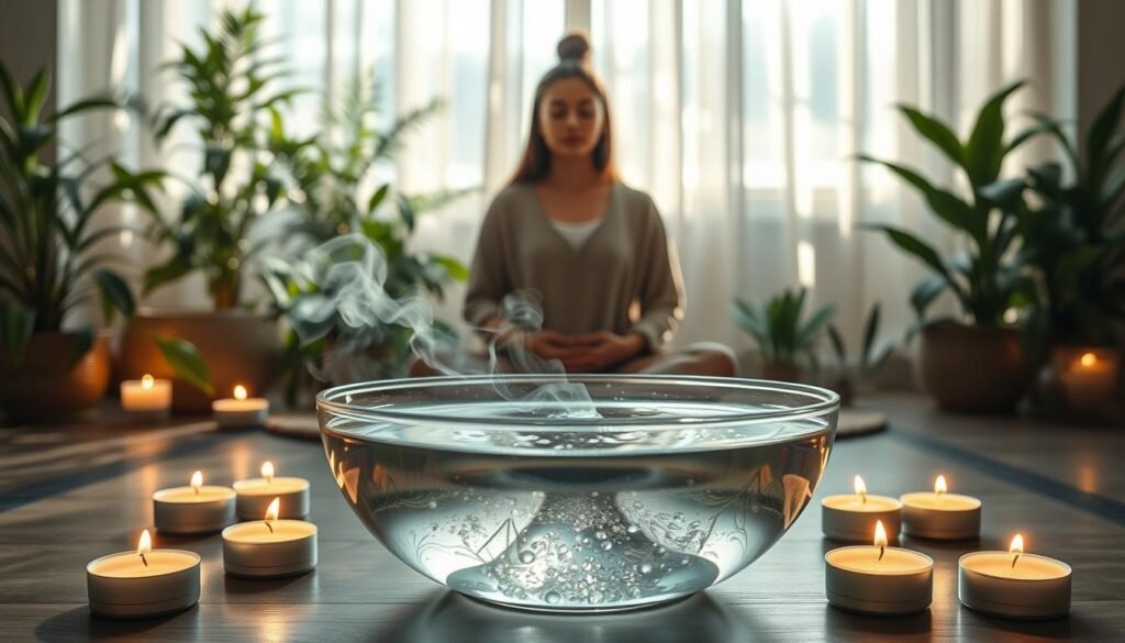A serene and mystical scene illustrating energy cleansing in a tranquil space. In the foreground, a clear glass bowl filled with water, surrounded by delicate white candles flickering gently. Soft, shimmering light reflects off the water, creating a calming effect. In the middle ground, a person meditating in modest, casual attire, eyes closed, hands resting on their knees, surrounded by floating herbal smoke. In the background, lush green plants and soft, ambient lighting enhance the atmosphere of tranquility and purification. Gentle rays of light filter through sheer curtains, casting ethereal patterns. The ambiance evokes peace, spiritual cleansing, and connection to nature, inviting viewers to explore the essence of energy purification rituals.