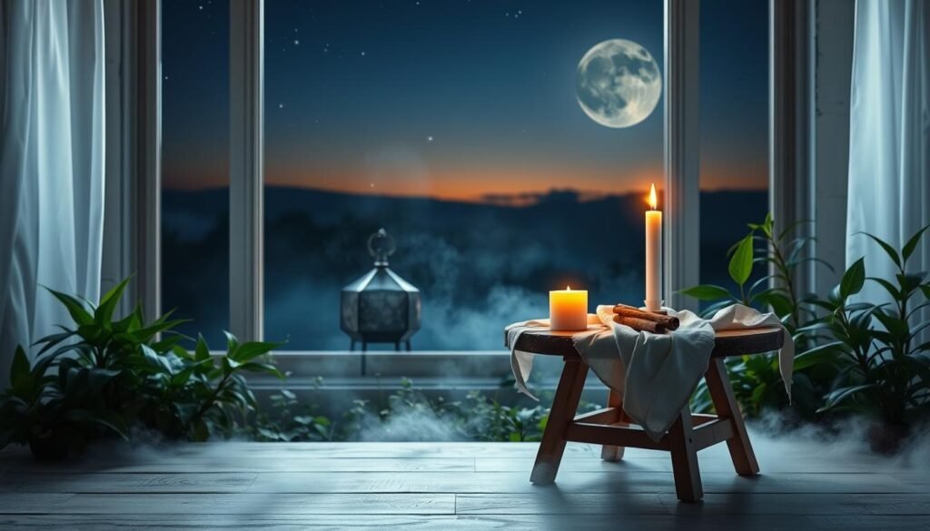 A serene and mystical setting at dawn during a new moon phase. In the foreground, include a small wooden table adorned with fragrant cinnamon sticks, a lit white candle, and a delicate white cloth. In the middle ground, softly illuminate the scene with gentle morning light filtering through a large window, casting a warm glow on the table. In the background, showcase a night sky transitioning to early morning, with faint stars still visible. Enhance the atmosphere with gentle mist rising from the ground, surrounded by lush green plants. The mood is calm and reflective, inviting the viewer to connect with the essence of the ritual. Emphasize a tranquil and peaceful environment, free of distractions, highlighting the significance of starting fresh at the beginning of the month. A serene and mystical setting at dawn during a new moon phase. In the foreground, include a small wooden table adorned with fragrant cinnamon sticks, a lit white candle, and a delicate white cloth. In the middle ground, softly illuminate the scene with gentle morning light filtering through a large window, casting a warm glow on the table. In the background, showcase a night sky transitioning to early morning, with faint stars still visible. Enhance the atmosphere with gentle mist rising from the ground, surrounded by lush green plants. The mood is calm and reflective, inviting the viewer to connect with the essence of the ritual. Emphasize a tranquil and peaceful environment, free of distractions, highlighting the significance of starting fresh at the beginning of the month.