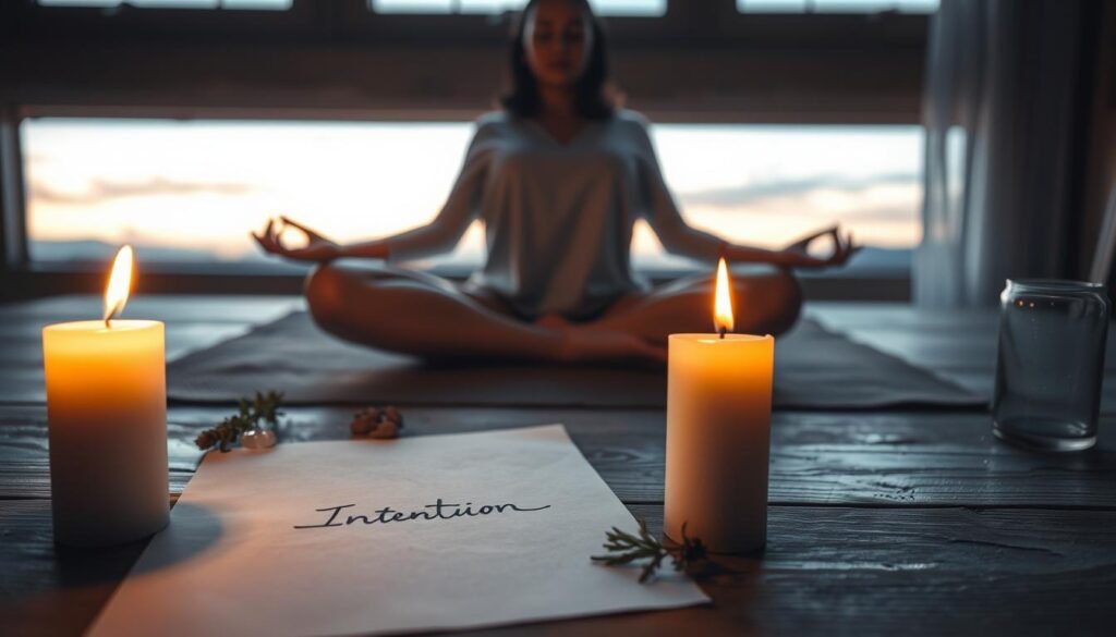 A serene and mystical setting for the "energy cut-off ritual." In the foreground, a flickering candle emits a warm, gentle glow, casting dancing shadows. A crisp white sheet of paper lies next to the candle, with a graceful handwritten intention inscribed on it, surrounded by delicate herbs and crystals. In the middle ground, a graceful figure, dressed in modest casual clothing, is performing a meditative pose, eyes closed, embodying calm focus. The background features a softly blurred wooden table and a window revealing a twilight sky, enhancing the tranquil mood. The lighting is soft and ethereal, creating a sense of introspection and spiritual connection, inviting viewers into the sacred practice of reversing misfortune.