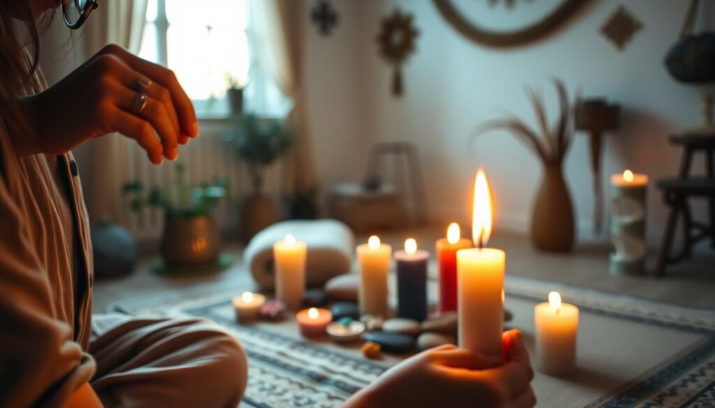 A serene and sacred scene featuring a person in modest casual clothing gently lighting an intention candle. In the foreground, focus on the flickering flame as it first ignites, casting a warm glow. The middle ground contains a beautifully arranged altar with various colored candles symbolizing different intentions, surrounded by natural elements like stones and flowers. Soft ambient light filters in from a nearby window, illuminating the space with a calm and spiritual atmosphere. The background is slightly blurred, showcasing a peaceful room adorned with subtle spiritual decorations. The overall mood is tranquil and reflective, perfect for a meditative ritual, inviting feelings of intention and mindfulness. A serene and sacred scene featuring a person in modest casual clothing gently lighting an intention candle. In the foreground, focus on the flickering flame as it first ignites, casting a warm glow. The middle ground contains a beautifully arranged altar with various colored candles symbolizing different intentions, surrounded by natural elements like stones and flowers. Soft ambient light filters in from a nearby window, illuminating the space with a calm and spiritual atmosphere. The background is slightly blurred, showcasing a peaceful room adorned with subtle spiritual decorations. The overall mood is tranquil and reflective, perfect for a meditative ritual, inviting feelings of intention and mindfulness.