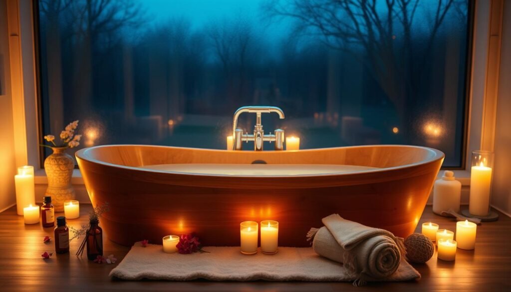 A serene and tranquil bathroom setting designed for an evening relaxation ritual. In the foreground, a beautifully crafted wooden bathtub filled with warm water, surrounded by flickering candles casting soft, golden light. Scattered around the tub are delicate essential oil bottles and a few fresh flowers, creating a sense of harmony. The middle ground features a plush bath mat and soothing bath accessories, like a gently used towel and a natural loofah. In the background, a frosted window revealing faint silhouettes of evening trees and a deep blue sky enhances the calming atmosphere. The scene is softly illuminated to evoke a sense of peace and tranquility, inviting the viewer to unwind. The overall mood is one of relaxation and serenity, perfect for promoting stress relief and a good night's sleep.