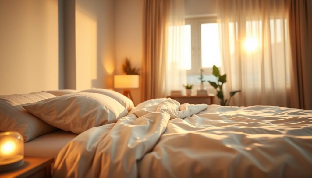 A serene and tranquil bedroom designed for relaxation and sleep. In the foreground, a plush, inviting bed adorned with soft, pastel-colored linens and comfortable, fluffy pillows. The middle features a bedside table with a warm, dimly lit lamp casting a gentle glow, and a small stack of calming bedtime books. In the background, soothing wall colors, soft drapes, and a pair of plants enhancing the cozy ambiance. The scene is illuminated by the warm light of a setting sun filtering through the curtains, creating a calm, peaceful atmosphere. The angle is slightly tilted down, focusing on the bed while keeping the entire setting in view, evoking feelings of comfort and tranquility that prepare the body for restful sleep.