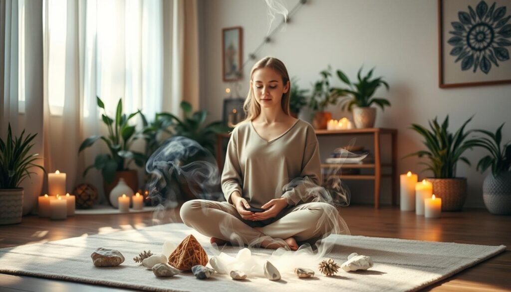A serene and tranquil indoor setting for an aura cleansing ritual. In the foreground, a person dressed in modest, comfortable clothing sits cross-legged on a soft meditation mat, surrounded by crystals and sage burning gently. The middle layer features a softly glowing aura visualizing as ethereal colors emanating from the individual, blending with the swirling smoke of the sage. The background includes softly lit candles, calming plants, and mystical artwork on the walls creating an inviting atmosphere. Natural light filters through sheer curtains, casting gentle shadows and adding warmth to the scene. The overall mood is peaceful and meditative, reflecting a sense of spiritual cleansing and renewal.