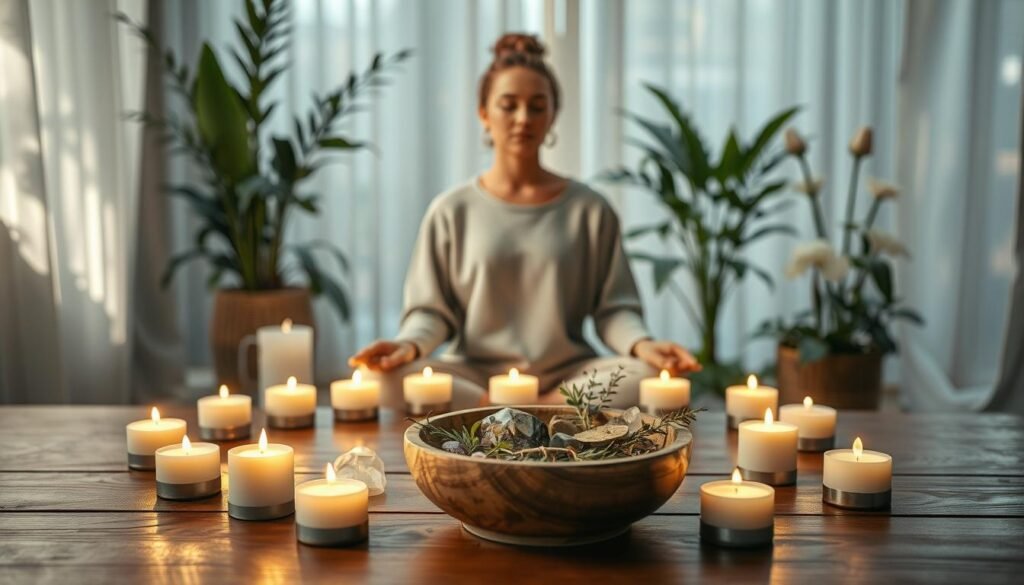 A serene and tranquil ritual setting, featuring a circular arrangement of soft, glowing candles casting warm light, symbolizing safety and protection. In the foreground, a wooden table holds a small, intricately designed bowl filled with natural herbs and crystals, each representing intentions of positivity and good news. In the middle, a gentle figure, clad in modest casual clothing, practices mindfulness with closed eyes, embodying focus and serenity. The background reveals a softly lit space adorned with lush greenery and delicate fabrics that enhance the feeling of warmth and safety. Subtle rays of sunlight filter through sheer curtains, creating an ethereal atmosphere. The overall mood is calm, inviting, and reflective, perfect for conveying the essence of a ritual that promises guidance without unrealistic expectations. A serene and tranquil ritual setting, featuring a circular arrangement of soft, glowing candles casting warm light, symbolizing safety and protection. In the foreground, a wooden table holds a small, intricately designed bowl filled with natural herbs and crystals, each representing intentions of positivity and good news. In the middle, a gentle figure, clad in modest casual clothing, practices mindfulness with closed eyes, embodying focus and serenity. The background reveals a softly lit space adorned with lush greenery and delicate fabrics that enhance the feeling of warmth and safety. Subtle rays of sunlight filter through sheer curtains, creating an ethereal atmosphere. The overall mood is calm, inviting, and reflective, perfect for conveying the essence of a ritual that promises guidance without unrealistic expectations.