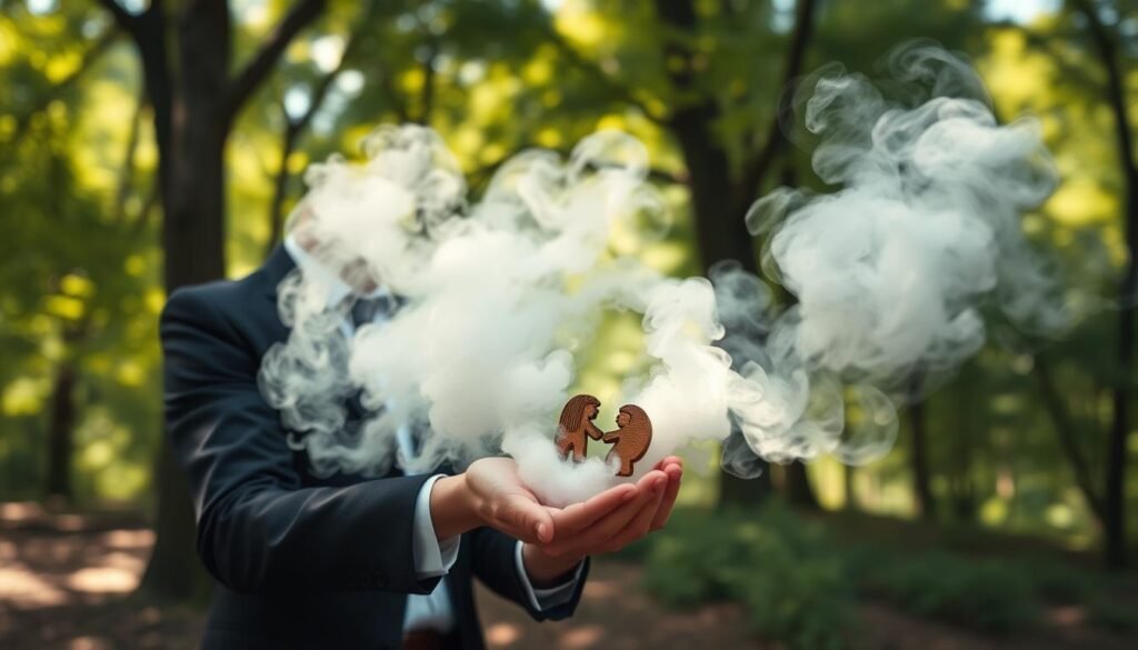 A serene and tranquil scene depicting a ritual of emotional release, set in a softly lit forest clearing. In the foreground, a person in professional business attire calmly performs a symbolic act, holding a small, intricately carved wooden object representing their past connections. The middle ground features gentle, swirling mist around them, symbolizing the transition and closure of difficult relationships. In the background, lush green trees cast dappled light, enhancing the atmosphere of renewal and reflection. The overall tone is peaceful and introspective, capturing the essence of letting go and moving forward. The lighting is soft and warm, with a focus on natural hues to evoke a sense of hope and transformation. A serene and tranquil scene depicting a ritual of emotional release, set in a softly lit forest clearing. In the foreground, a person in professional business attire calmly performs a symbolic act, holding a small, intricately carved wooden object representing their past connections. The middle ground features gentle, swirling mist around them, symbolizing the transition and closure of difficult relationships. In the background, lush green trees cast dappled light, enhancing the atmosphere of renewal and reflection. The overall tone is peaceful and introspective, capturing the essence of letting go and moving forward. The lighting is soft and warm, with a focus on natural hues to evoke a sense of hope and transformation.