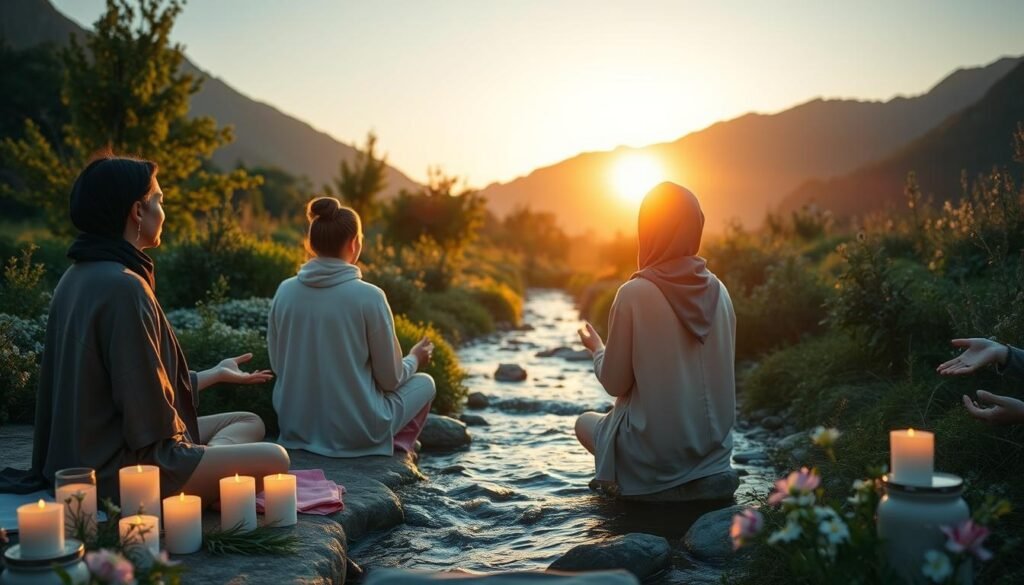 A serene and tranquil scene depicting an outdoor ritual for cleansing body and mind. In the foreground, a diverse group of two individuals wearing modest casual clothing is engaged in meditation, surrounded by soft, glowing candles and fresh herbs. In the middle, a gently flowing stream glistens under the warm, golden light of a setting sun, with lush greenery and soft flowers framing the scene. In the background, majestic mountains rise under a clear sky, adding depth to the composition. The atmosphere is peaceful and reflective, evoking a sense of calm and renewal. The lighting is soft and warm, creating a serene ambiance that invites contemplation and healing.