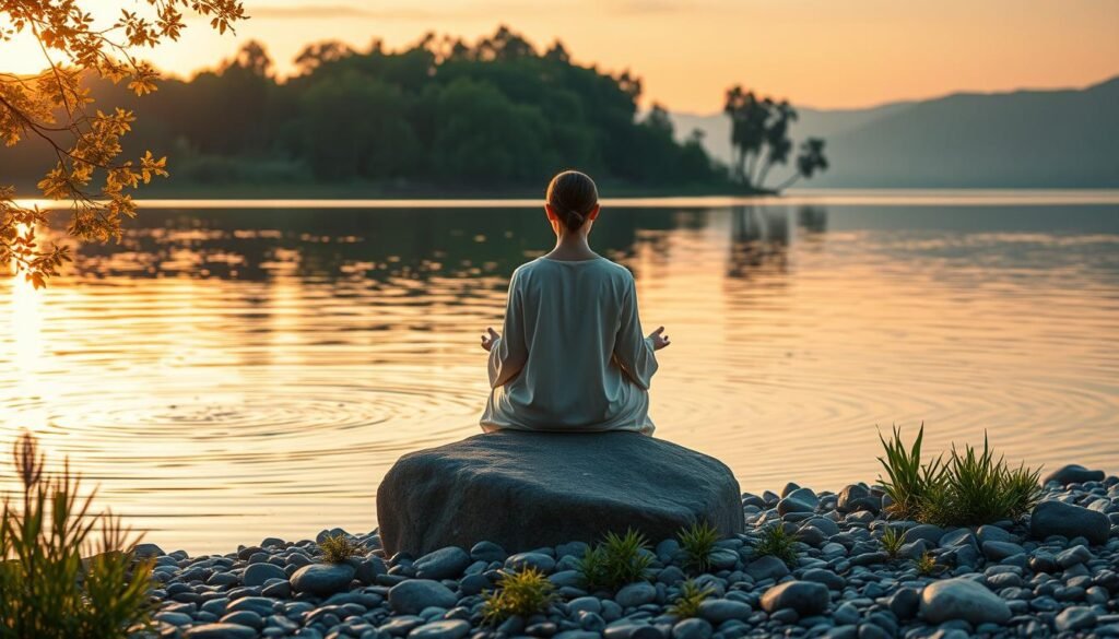 A serene and tranquil scene depicting the essence of "intencja spokoju." In the foreground, a peaceful figure seated cross-legged on a smooth stone, eyes closed in meditation, dressed in modest, flowing clothing. In the middle, gentle ripples on a calm lake reflect soft, warm hues of the sunset, blending oranges, pinks, and purples, embodying tranquility. Surrounding the figure are delicate green plants and smooth pebbles that create a harmonious environment. In the background, lush trees sway lightly in a gentle breeze, while distant mountains fade softly into the horizon, kissed by the last light. The lighting is soft and golden, with a slight haziness that encapsulates a sense of serenity and focus. Aim for an atmosphere of peaceful intention and calmness, evoking a sense of release and direction.