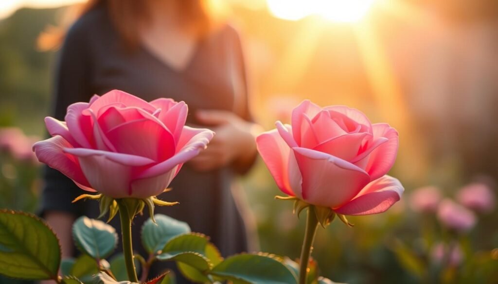 A serene and tranquil scene illustrating the concept of self-love, featuring a delicate pink rose as the focal point in the foreground. The rose, with its soft petals glistening in the light, symbolizes compassion and nurturing towards oneself. In the middle ground, a softly blurred image of a person in modest casual clothing, gently cradling the rose, and looking contemplative, reflecting the emotional connection to self-care and love. The background is a harmonious blend of warm, soothing colors, reminiscent of a peaceful garden at sunset, with gentle beams of soft golden light illuminating the scene. The overall atmosphere is calming and uplifting, evoking feelings of warmth, love, and serenity, enhancing the ritual nature of the moment.