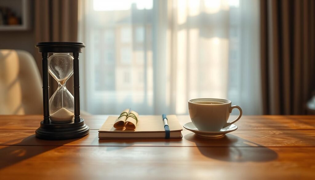 A serene and tranquil setting representing "czas" (time), with a wooden table in the foreground adorned with a classic hourglass, softly lit by warm, ambient light. In the middle ground, a pair of neatly arranged notebooks and a steaming cup of herbal tea symbolize intention and reflection. The background features a calming window scene with gentle sunlight filtering through sheer curtains, casting subtle shadows. The atmosphere is peaceful and contemplative, inviting the viewer to reflect on the importance of offline moments. The composition should emphasize a sense of balance and readiness for a new week, shot with a shallow depth of field to draw focus on the hourglass and the inviting details of the workspace.