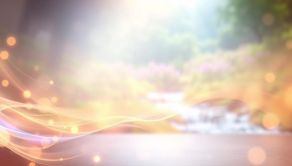A serene and uplifting scene depicting a warm, radiant aura enveloping a tranquil space. In the foreground, an abstract representation of energy flows gently, with swirling lights in shades of gold, soft blue, and lavender. The middle layer showcases gentle waves of energy interacting harmoniously, embodying emotional cleansing and renewal. In the background, a soft-focus natural landscape appears, with vibrant greenery and a calming river, symbolizing peace and harmony. The lighting is ethereal, with soft glows and gentle gradients, creating an inviting atmosphere. The overall mood is peaceful and rejuvenating, capturing the essence of energetic cleansing and the restoration of harmony after conflict.