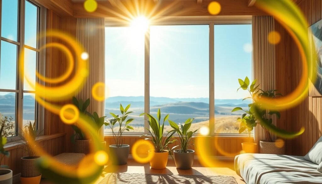 A serene and uplifting scene depicting the concept of "energia" as a radiant force. In the foreground, soft, glowing orbs of light representing positive energy float gently, intertwined with vibrant, swirling colors of yellow and green. In the middle area, a cozy room with natural wooden elements is visible, featuring plants that thrive, reflecting harmonious vibrations. Sunlight streams through a large window, casting soft shadows and creating a warm ambiance. In the background, a tranquil outdoor landscape is visible, with a clear blue sky and gentle rolling hills, symbolizing peace and balance. The overall mood is calming and rejuvenating, inviting a sense of well-being and positivity. A serene and uplifting scene depicting the concept of "energia" as a radiant force. In the foreground, soft, glowing orbs of light representing positive energy float gently, intertwined with vibrant, swirling colors of yellow and green. In the middle area, a cozy room with natural wooden elements is visible, featuring plants that thrive, reflecting harmonious vibrations. Sunlight streams through a large window, casting soft shadows and creating a warm ambiance. In the background, a tranquil outdoor landscape is visible, with a clear blue sky and gentle rolling hills, symbolizing peace and balance. The overall mood is calming and rejuvenating, inviting a sense of well-being and positivity.