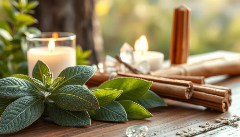 A serene arrangement of sage and palo santo sticks displayed on a wooden surface, surrounded by delicate crystals and a softly glowing candle. In the foreground, the textured sage leaves are lush and vibrant, while the palo santo sticks have a rich, warm brown tone, exuding a rustic charm. The middle ground features an assortment of clear and smoky quartz crystals, adding a mystical element, and a candle casting a gentle, flickering light that creates soft shadows. In the background, a softly blurred natural setting with hints of greenery enhances the atmosphere of tranquility and protection against negative energy. The scene is bathed in warm, golden hues, creating a calming and inviting mood, perfect for a ritual of enhancement. A serene arrangement of sage and palo santo sticks displayed on a wooden surface, surrounded by delicate crystals and a softly glowing candle. In the foreground, the textured sage leaves are lush and vibrant, while the palo santo sticks have a rich, warm brown tone, exuding a rustic charm. The middle ground features an assortment of clear and smoky quartz crystals, adding a mystical element, and a candle casting a gentle, flickering light that creates soft shadows. In the background, a softly blurred natural setting with hints of greenery enhances the atmosphere of tranquility and protection against negative energy. The scene is bathed in warm, golden hues, creating a calming and inviting mood, perfect for a ritual of enhancement.