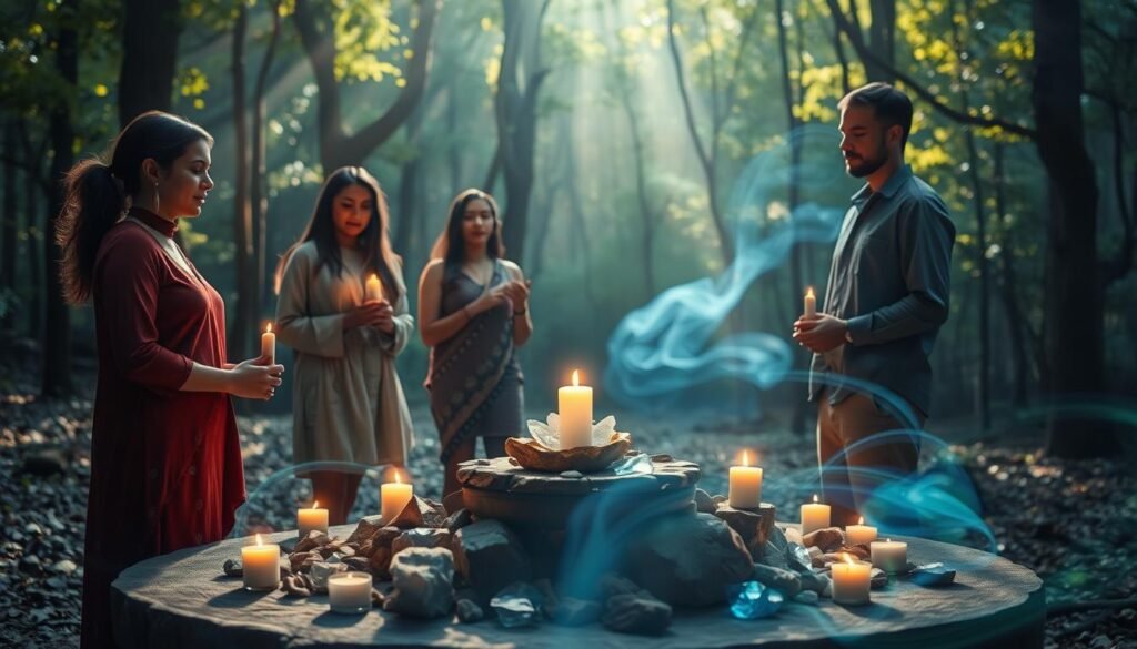 A serene, atmospheric scene depicting a ritual of release. In the foreground, a diverse group of three individuals in modest casual clothing stands in a circle, each holding a small candle and gazing thoughtfully into the center. In the middle, an altar made of natural stones and crystals shimmering in soft, ambient lighting symbolizes purification and closure. Surrounding the scene, ethereal energy swirls softly in vibrant shades of blue and green, representing emotional freedom. The background features a tranquil forest, with sunlight filtering through the leaves, casting a warm glow on the participants. The overall mood is one of reflection, peace, and liberation, inviting viewers to feel a sense of renewal. The composition is shot from a slightly elevated angle to capture the circle, emphasizing connection and unity. A serene, atmospheric scene depicting a ritual of release. In the foreground, a diverse group of three individuals in modest casual clothing stands in a circle, each holding a small candle and gazing thoughtfully into the center. In the middle, an altar made of natural stones and crystals shimmering in soft, ambient lighting symbolizes purification and closure. Surrounding the scene, ethereal energy swirls softly in vibrant shades of blue and green, representing emotional freedom. The background features a tranquil forest, with sunlight filtering through the leaves, casting a warm glow on the participants. The overall mood is one of reflection, peace, and liberation, inviting viewers to feel a sense of renewal. The composition is shot from a slightly elevated angle to capture the circle, emphasizing connection and unity.