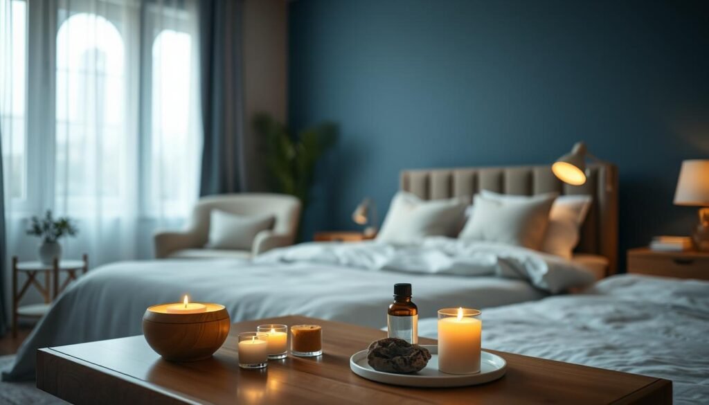 A serene bedroom interior setting focused on a nighttime ritual for sleep protection. In the foreground, an elegantly arranged bedside table features a small, calming essential oil diffuser, aromatic candles, and a beautiful crystal for energy. In the middle, a plush bed with soft linens is flanked by a cozy armchair, all against a soothing color palette of deep blues and warm whites. The background showcases a softly illuminated window draped with sheer curtains, allowing gentle moonlight to filter through, creating a tranquil ambiance. The overall mood is peaceful, evoking a sense of relaxation and restorative energy, perfect for a good night’s sleep. Shot with a warm, inviting light, capturing the essence of a nurturing sleeping environment.