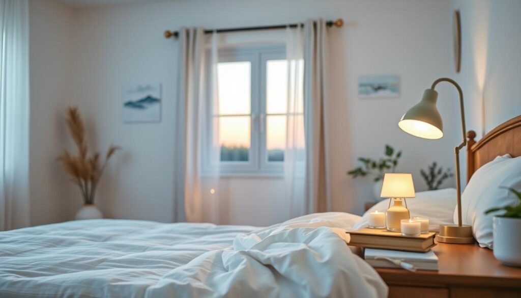 A serene bedroom scene at dusk, designed to evoke tranquility and calmness, showcasing the essence of restful sleep. In the foreground, a neatly made bed with soft, inviting linens in soothing pastel colors. A gentle, lit bedside lamp casts a warm glow, reflecting on a wooden nightstand adorned with calming elements like a small essential oil diffuser, a few aromatic candles, and a journal. In the middle, an open window allows soft breezes to flow through sheer curtains, adding a sense of openness and comfort. In the background, subtle wall decorations depicting nature, perhaps soft watercolors of serene landscapes. The atmosphere is infused with a soft focus, portraying a peaceful, dreamlike quality with a pastel color palette that invites relaxation. The overall mood is tranquil, promoting an environment for restful sleep and calm rituals.