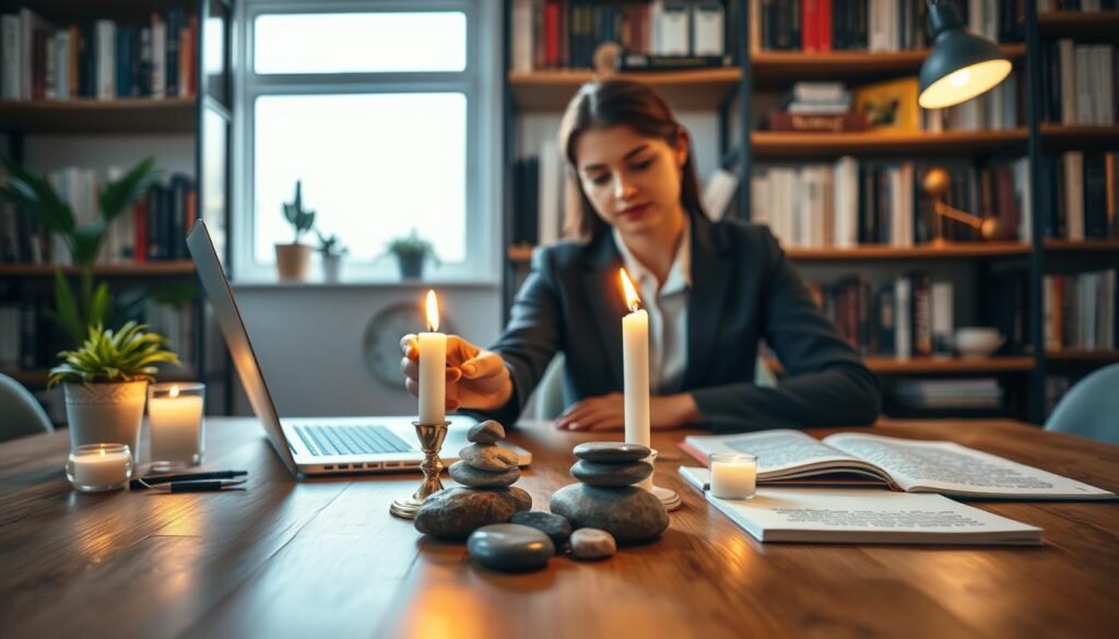 A serene business workspace illuminated by soft, warm lighting, focusing on a wooden table adorned with ritualistic elements like candles, crystals, and a small potted plant. In the foreground, a person in professional attire is performing a simple ritual, such as lighting a candle or arranging stones, symbolizing the attraction of clients. The middle ground features a laptop with open business documents and a notebook filled with ideas. The background displays book shelves filled with motivational and business books, enhancing the atmosphere of productivity and intention. The overall mood is calm and focused, emphasizing the connection between rituals and business success. The angle showcases the ritual act, capturing the essence of intention-setting in a professional environment. A serene business workspace illuminated by soft, warm lighting, focusing on a wooden table adorned with ritualistic elements like candles, crystals, and a small potted plant. In the foreground, a person in professional attire is performing a simple ritual, such as lighting a candle or arranging stones, symbolizing the attraction of clients. The middle ground features a laptop with open business documents and a notebook filled with ideas. The background displays book shelves filled with motivational and business books, enhancing the atmosphere of productivity and intention. The overall mood is calm and focused, emphasizing the connection between rituals and business success. The angle showcases the ritual act, capturing the essence of intention-setting in a professional environment.