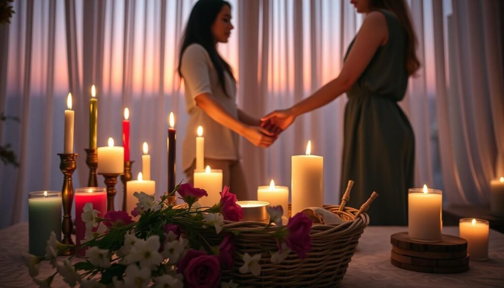 A serene candle-lit setting for a love ritual, featuring an elegantly arranged altar with various colorful candles of different heights, casting a warm, flickering light. In the foreground, delicate flowers spill from a woven basket, symbolizing blossoming love. The middle ground showcases two individuals, dressed in modest casual clothing, situated across from each other, their hands gently touching over the altar, signifying connection and intimacy. The background is softened with gentle drapes, enhancing the romantic atmosphere, and the soft glow of twilight filters through the window, adding to the mood. The image captures a sense of tranquility and the power of love, inviting viewers into the intimate experience of the ritual.