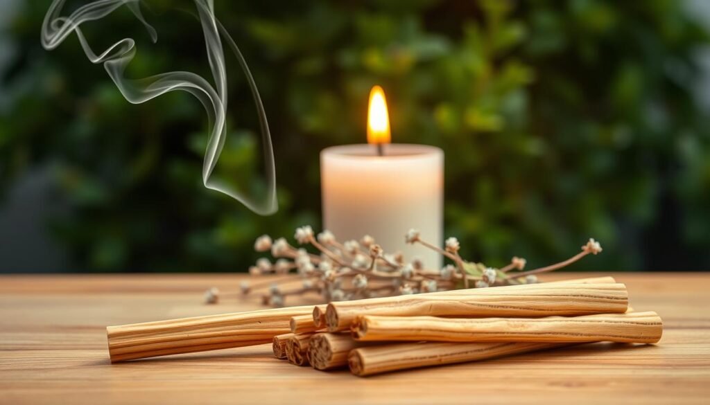 A serene collection of palo santo sticks artfully arranged on a smooth, natural wooden surface in the foreground, showcasing their rich, warm tones and unique grain patterns. Soft wisps of fragrant smoke gently rise from a burning stick, creating an ethereal effect that lingers in the air. In the middle ground, a simple, elegant white candle flickers, casting a soft, warm light that enhances the calming ambiance. Delicate bundles of white sage lie nearby, adding texture and contrast. The background features a subtle, blurred greenery, suggesting a peaceful, natural environment, illuminated by gentle, diffused sunlight, evoking tranquility and cleansing energy. The scene captures a soothing atmosphere, perfect for a ritual of purification and healing.