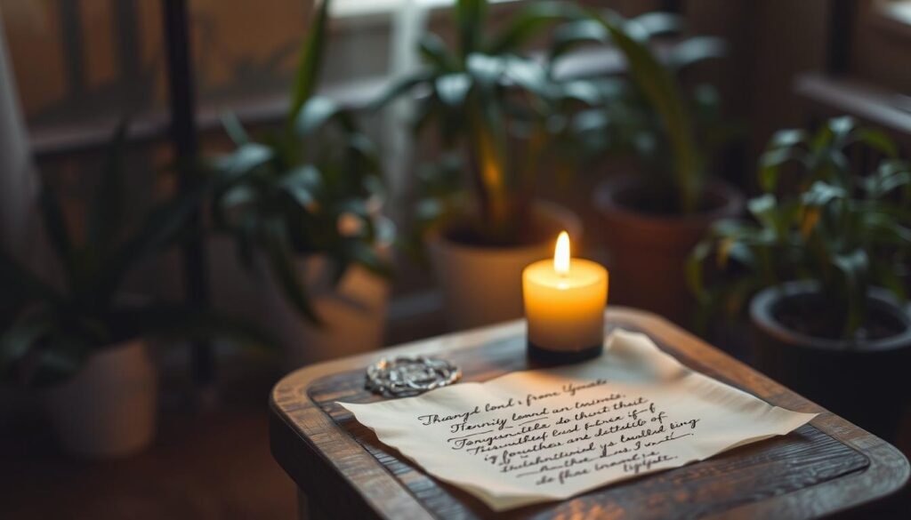 A serene, dimly lit indoor setting, featuring a small wooden table at the center. In the foreground, a lit candle emits a warm, flickering light, casting gentle shadows on the surface. Beside the candle, there is a neatly folded piece of parchment paper with a delicate, handwritten inscription. The background is softly blurred, showcasing various plants that add a touch of natural greenery, enhancing the calming atmosphere. The soft glow of the candle illuminates the surrounding space, creating a sacred and inviting mood. The scene is captured from a slightly elevated angle, emphasizing the candle's flame and the peaceful intentions of the ritual.