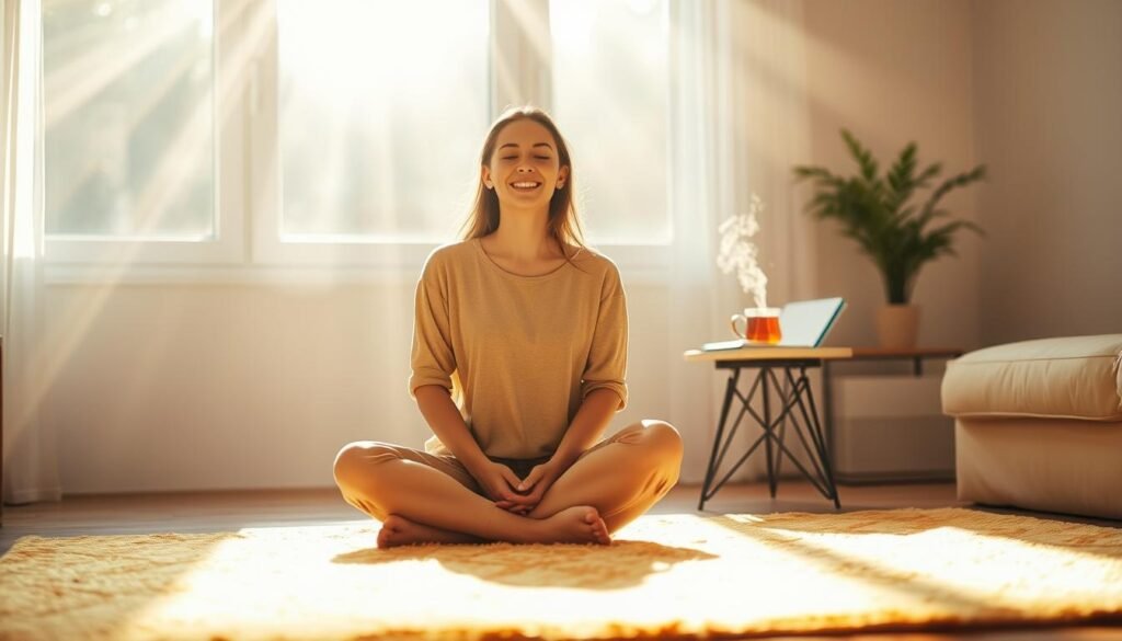 A serene early morning scene depicting a sunlit room filled with positive energy, symbolizing happiness. In the foreground, a young woman in modest casual clothing is seated cross-legged on a bright, cozy rug, radiating joy as she practices mindfulness. Soft beams of golden sunlight filter through a large window, illuminating her and creating a warm atmosphere. In the background, a small table holds a steaming cup of herbal tea, a journal, and a potted plant, signifying rituals for a good start to the week. The soft focus and warm lighting enhance the mood of tranquility and optimism, inviting viewers to embrace the concepts of joy and positivity.