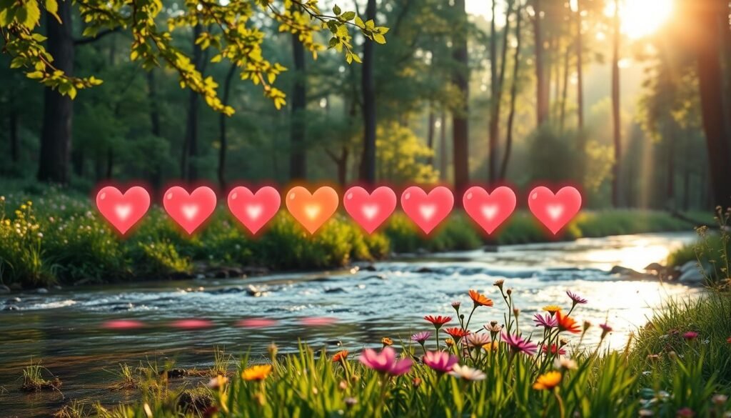 A serene, enchanting scene depicting seven glowing hearts, each representing a distinct intention attracting love. In the foreground, a gentle stream flows, reflecting dappled light from a soft sunrise, symbolizing new beginnings. The middle ground features lush greenery and beautiful wildflowers in varied colors, exuding warmth and positivity. In the background, a tranquil forest with towering trees creates a sense of shelter and peace. Soft, golden light filters through the leaves, casting delicate patterns on the ground. The mood is romantic and uplifting, evoking a sense of harmony and hope. The composition should focus on the natural beauty and spiritual essence of love, framed with a shallow depth of field to emphasize the hearts amidst the serene landscape.