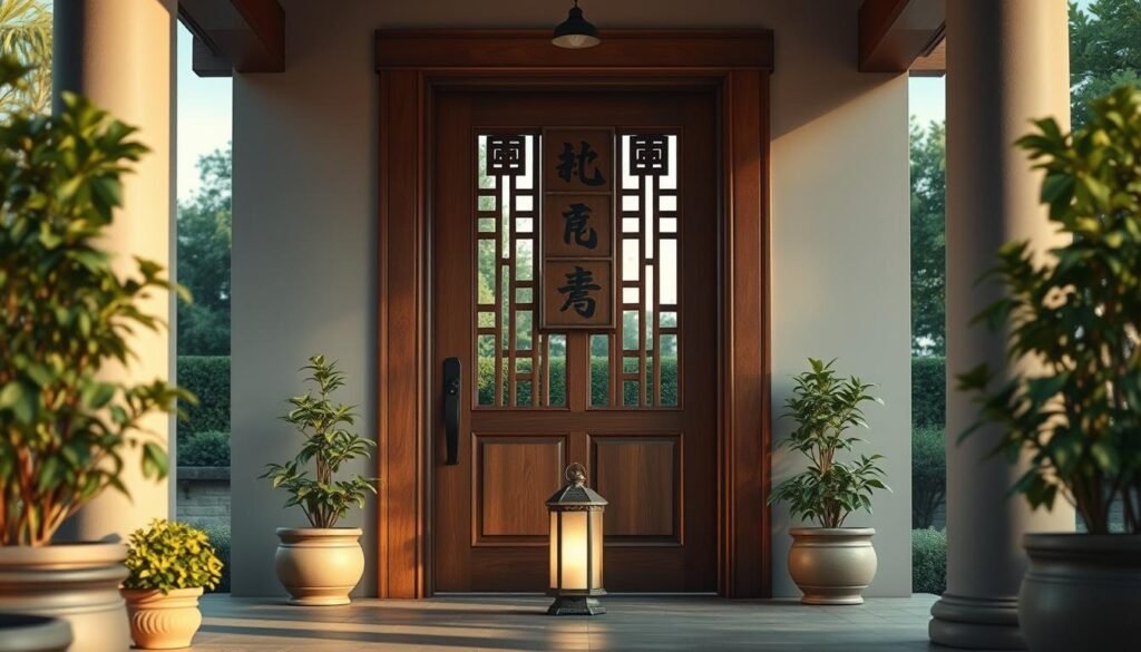 A serene entranceway, depicting a peaceful home environment, emphasizing the theme of protection against negative influences. In the foreground, a beautifully arranged entryway featuring a sturdy, wooden door adorned with traditional protective symbols, flanked by potted plants symbolizing tranquility. In the middle, a soft, glowing lantern casts gentle light, creating a warm and inviting atmosphere. The background showcases a well-kept garden, with lush greenery and a clear sky, evoking a sense of calmness and safety. Utilize soft, natural lighting to enhance the ambiance, focusing on the door at eye level to underscore its importance. The overall mood reflects harmony and the idea of safeguarding one’s home from unwanted disturbances.