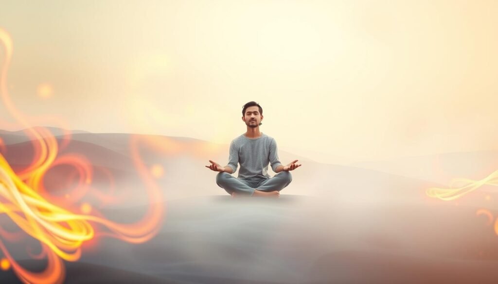 A serene, ethereal landscape representing "energia," featuring vibrant swirling energy currents illuminating the surrounding environment. In the foreground, abstract shapes and colors represent stagnant energy transforming into lively motion, emphasizing rebirth and renewal. The middle ground shows a tranquil, meditative figure dressed in comfortable, modest casual clothing, sitting cross-legged, eyes closed, surrounded by gentle, glowing orbs of light that float harmoniously. The background reveals a soft gradient of colors transitioning from muted tones at the bottom to bright, invigorating hues at the top, symbolizing the ascent from stagnation to revitalization. Soft, diffused lighting enhances the dreamlike quality, creating an atmosphere of hope and rejuvenation. The angle captures the scene from slightly above, immersing the viewer in this transformative journey without any text or distractions. A serene, ethereal landscape representing "energia," featuring vibrant swirling energy currents illuminating the surrounding environment. In the foreground, abstract shapes and colors represent stagnant energy transforming into lively motion, emphasizing rebirth and renewal. The middle ground shows a tranquil, meditative figure dressed in comfortable, modest casual clothing, sitting cross-legged, eyes closed, surrounded by gentle, glowing orbs of light that float harmoniously. The background reveals a soft gradient of colors transitioning from muted tones at the bottom to bright, invigorating hues at the top, symbolizing the ascent from stagnation to revitalization. Soft, diffused lighting enhances the dreamlike quality, creating an atmosphere of hope and rejuvenation. The angle captures the scene from slightly above, immersing the viewer in this transformative journey without any text or distractions.