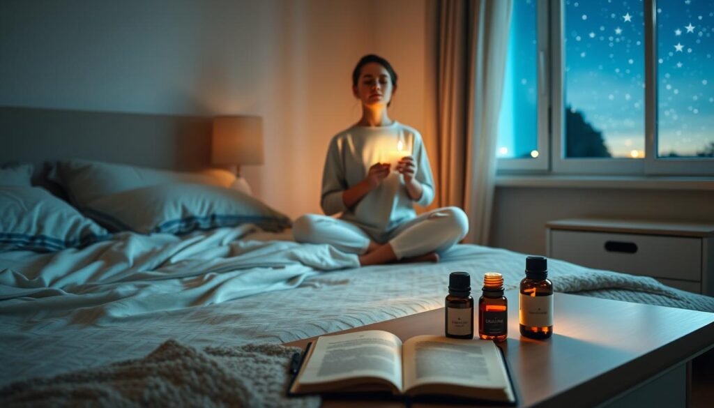 A serene evening scene depicting a peaceful sleep ritual. In the foreground, a softly lit bedroom with a cozy bed adorned with fluffy pillows and a warm blanket. A person dressed in comfortable, modest sleepwear sits cross-legged on the bed, holding a small aromatic candle, eyes closed in calm meditation. In the middle ground, a gentle glow emanates from a bedside table where calming essential oils and a closed journal lie. The background features a window revealing a starlit sky, softly illuminating the room with a tranquil ambiance. The lighting is warm and inviting, creating a soothing atmosphere that conveys relaxation and peace. The composition focuses on harmony, emphasizing the ritual's importance in achieving restful sleep in just ten minutes.