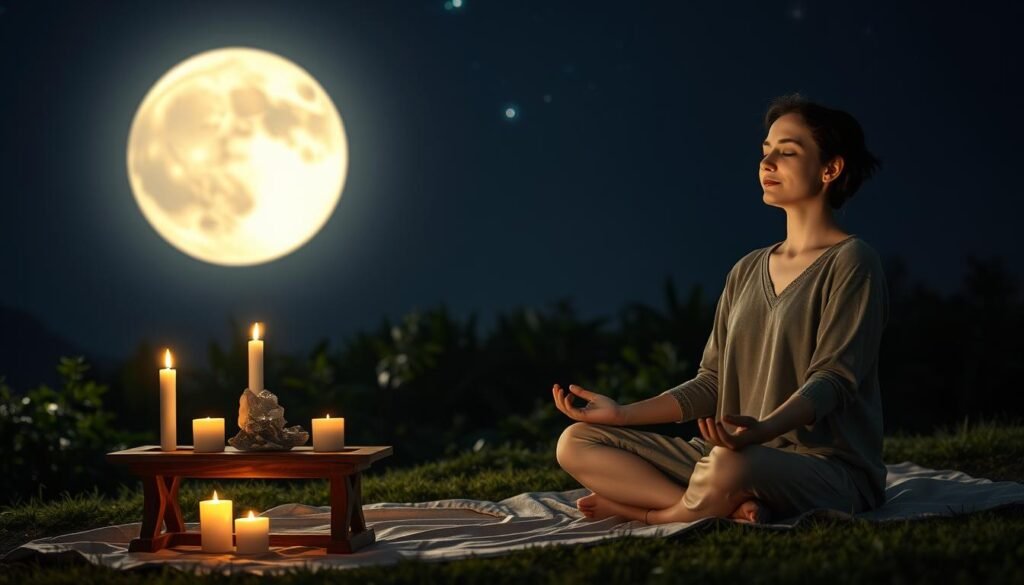 A serene full moon illuminating a tranquil outdoor scene at night, with a clear starry sky in the background. In the foreground, a peaceful ritual is taking place, featuring a small wooden table adorned with candles and crystals, casting a gentle glow. A woman in modest casual clothing is seated cross-legged on a soft, natural fabric, her face illuminated by the moonlight, eyes closed in meditation. The middle ground shows lush greenery, with soft shadows dancing under the moon's light. The overall atmosphere is mystical and calming, suggesting introspection and connection with nature. The lighting is soft and ethereal, creating a dreamlike quality, captured with a slightly blurred background to emphasize the focused subject in the foreground. A serene full moon illuminating a tranquil outdoor scene at night, with a clear starry sky in the background. In the foreground, a peaceful ritual is taking place, featuring a small wooden table adorned with candles and crystals, casting a gentle glow. A woman in modest casual clothing is seated cross-legged on a soft, natural fabric, her face illuminated by the moonlight, eyes closed in meditation. The middle ground shows lush greenery, with soft shadows dancing under the moon's light. The overall atmosphere is mystical and calming, suggesting introspection and connection with nature. The lighting is soft and ethereal, creating a dreamlike quality, captured with a slightly blurred background to emphasize the focused subject in the foreground.